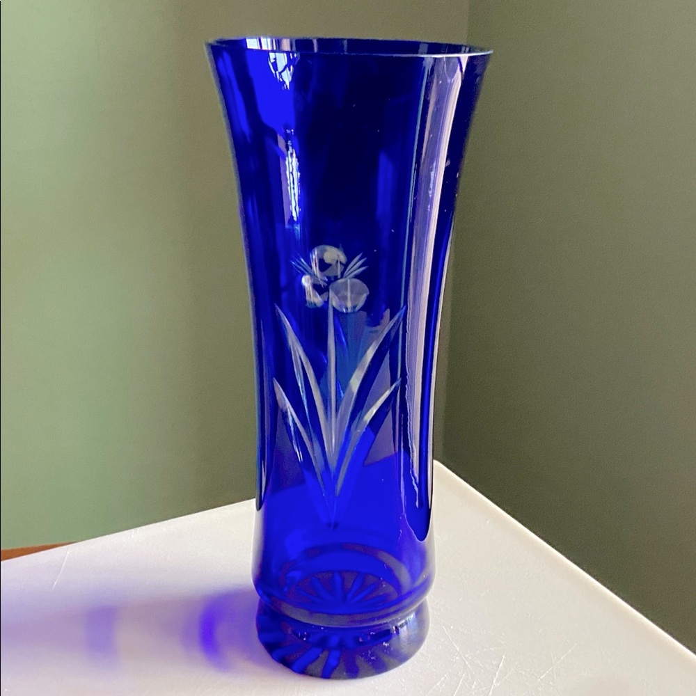 Javit Badash Cobalt Blue Crystal Vase, Hand Cut Artistry